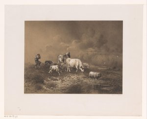 Herder met kudde in een storm