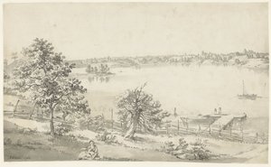 Gezicht op een breed water in de bergen met figuren op de voorgrond door Johan Eric Rehn
