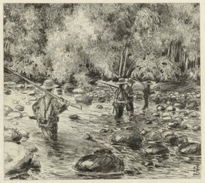 Soldaten die door rivier waden door Johan Gerard Sinia