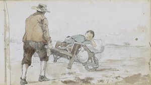 Landschap met een man die een jongen op een handkar voortduwt door Johan Hendrik Weissenbruch