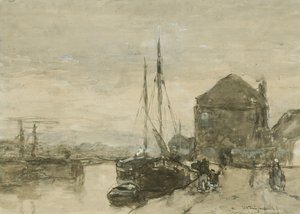 Gezicht op de Turfmarkt met de Eendjespoort in Haarlem door Johan Hendrik Weissenbruch
