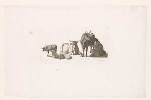 Vrouw die een koe melkt, met rundvee en schapen door Johan Jakob Biedermann
