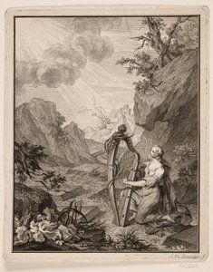 Harpspelende vrouw in berglandschap