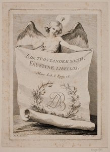 Titelgravure met een engel die een groot papier vasthoudt