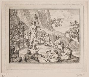Vignet. Bacchus en de muzen