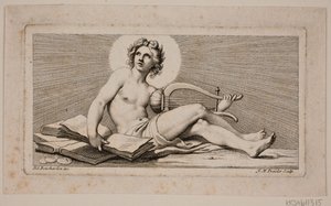 Vignet. Een zittende Apollo met harp