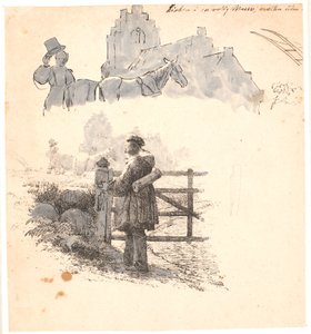 Avondtijd. Studie van de boer bij de kerk. Illustratie voor Kaalunds "Fabler for Børn".
