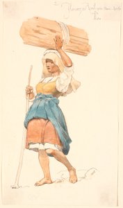 Blootsvoetse boerenmeisje met een bundel hout op haar hoofd