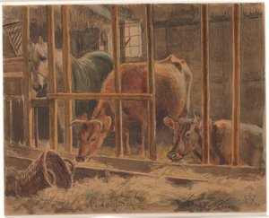 Het interieur van een stal met een wit paard en twee koeien