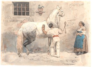 Een grijs gevlekte paard wordt geborsteld in Via Margutta door Johan Thomas Lundbye