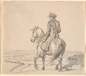 Een Ruiter van Achteren Gezien, Rijdend naar een Uitgestrekt Landschap door Johan Thomas Lundbye