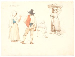 Vier figuurstudies. Staande vrouw en staande bocciaspeler, een bocciaspeler die aan het gooien is en een klein meisje met een mand op haar hoofd