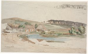 Het dorpsplein in Brofelde. Voor een herhaalde studie van het profiel van de heuvel en het bos door Johan Thomas Lundbye