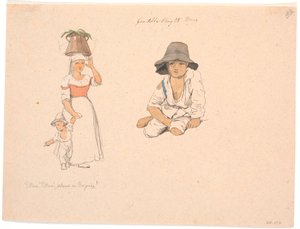Italiaanse vrouw met een emmer op haar hoofd en een bedelende jongen aan de hand. Rechts studie van een zittende Italiaanse jongen door Johan Thomas Lundbye