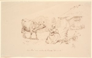 Kom Bos!. Buiten een boerderij zit een vrouw met een kind, dat naar een koe reikt door Johan Thomas Lundbye