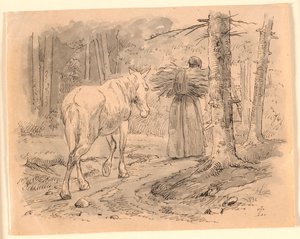 De Vrouw en het Paard. Illustratie voor Kaalunds "Fabels voor Kinderen". Zie Opmerking uit het Archiefcatalogus. door Johan Thomas Lundbye