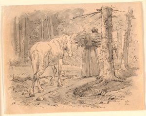 De Vrouw en het Paard. Illustratie voor Kaalunds "Fabels voor Kinderen". Zie Opmerking uit het Archiefcatalogus. door Johan Thomas Lundbye