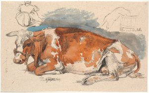 Liggende koe. Links boven een zittend boerenmeisje, rechts een kat die uit een paardenbloem drinkt