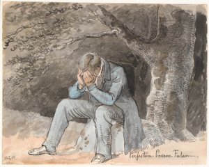"Perfectum - Præsens - Futurum". Jonge man zittend onder een boom op een steen met handen voor het gezicht door Johan Thomas Lundbye