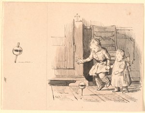 De rommelpot. Links een kleine studie van de rommelpot door Johan Thomas Lundbye