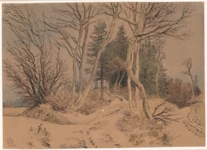 Met sneeuw bedekte wegen tussen sparren en kale bomen door Johan Thomas Lundbye