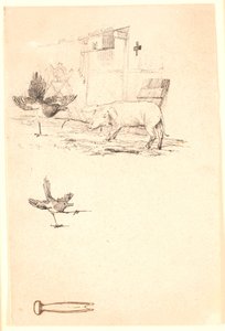 De ooievaar en het varken. Onder een studie van de ekster en een stuk gereedschap. Illustratie voor Kaalunds "Fabels voor kinderen". Zie opmerking uit het archiefcatalogus.