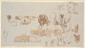 Studieblad. Studies van koeien, in het midden de melkkar met drie meisjes en een herder door Johan Thomas Lundbye