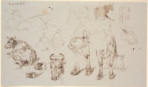 Studieblad van Vognserup. Bovenaan studies van koeien, in het midden 4 studies van melkmeisjes van achteren gezien