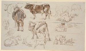 Studieblad van Vognserup. Studies van koeien, stieren en kalveren. Rechts twee landschapsstudies, de bovenste met liggende koeien, de onderste met melkscène