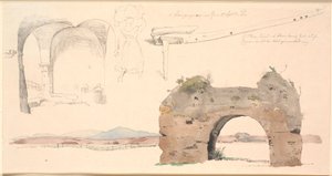Studieblad van de Romeinse Campagne, Italië. Onderaan aquarelstudie van een Romeinse aquaductboog met uitzicht op lage bergen. F.o. studie van open ruimte met platte gewelven, in het midden een Italiaanse vrouw die een grote bundel op haar hoofd draagt, t. door Johan Thomas Lundbye