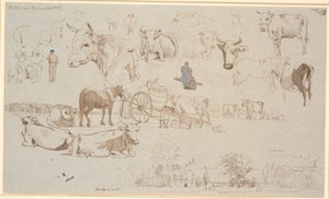 Studieblad van de melkplaats in Vognserup. Bovenaan vooral studies van koeien, in het midden o.a. melkwagen en onderaan hoofdgebouw en bijgebouwen van Vognserup door Johan Thomas Lundbye