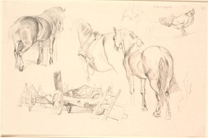 Studieblad met paarden, landbouwgereedschap en een kip op haar nest