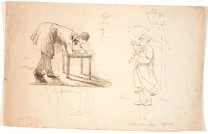 Studieblad, links de kunstenaar zelf, voorovergebogen, tekenend op een krukje of een kleine tafel. Bovenaan twee studies van een officier en een heer in een jurk. In het midden studiehoofd, zelfportret. Rechts staat de kunstenaar met paraplu op straat bij  door Johan Thomas Lundbye
