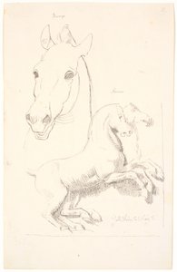 Studier naar antieke sculpturen. Boven een paardenhoofd, onder een reliëf met twee paarden door Johan Thomas Lundbye