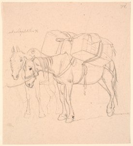 Twee paarden met bepakking door Johan Thomas Lundbye