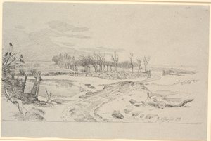 Winterlandschap met een weg die zich door de velden slingert door een poort in een stenen muur door Johan Thomas Lundbye