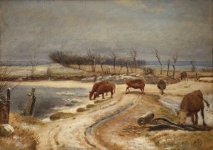Het vee water geven op een winterdag door Johan Thomas Lundbye