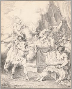 Achilles in bedwang gehouden door Athena in Agamemnons tent, uit Ilias, Boek I door Johan Tobias Sergel