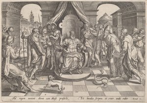 Mozes en Aäron voor de Farao door Johan Wierix, after Maarten van Cleef
