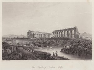 De Tempels van Paestum, Italië (gravure) door Johan Wolfensberger