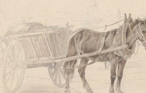 Een kar getrokken door een bruine paard bij een lantaarnpaal, Verso: Een groep bereden officieren, ca. 1815