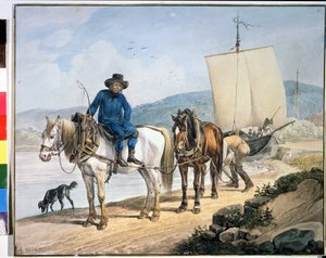 Paarden en wagen bij de rivier.