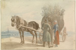 Oostenrijkse boeren met paard en wagen, met uitzicht op Wenen in de verte