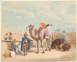 Een dierentemmer met kameel, apen, beren enz. door Johann Adam Klein