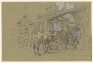 Ossen en een paard bij de hoefsmid door Johann Adam Klein
