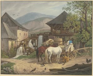 Snij- en maalmolen in het Stickelbergdal nabij Wiener Neustadt aan de Hongaarse grens door Johann Adam Klein