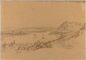 Gezicht op Koblenz met de Rijn en vesting Ehrenbreitstein (recto); Gezicht op kasteel Heidelberg (verso) door Johann Adam Klein