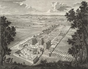 Perspectivisch vogelzicht van de menagerie op Slot Weißenstein in Pommersfelden door Johann August Corvinus