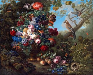 Groot bloemstilleven met vogels