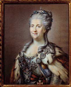 Portret van Catharina II (1729-1796) keizerin van Rusland met de ketting van Sint Andreas en het lint van het kruis van Sint Joris Anonieme aquarel van de 18e eeuw, naar het schilderij van Johann Baptist von Lampi (1751-1830) Parijs, museum door Johann Baptist I (after) Lampi